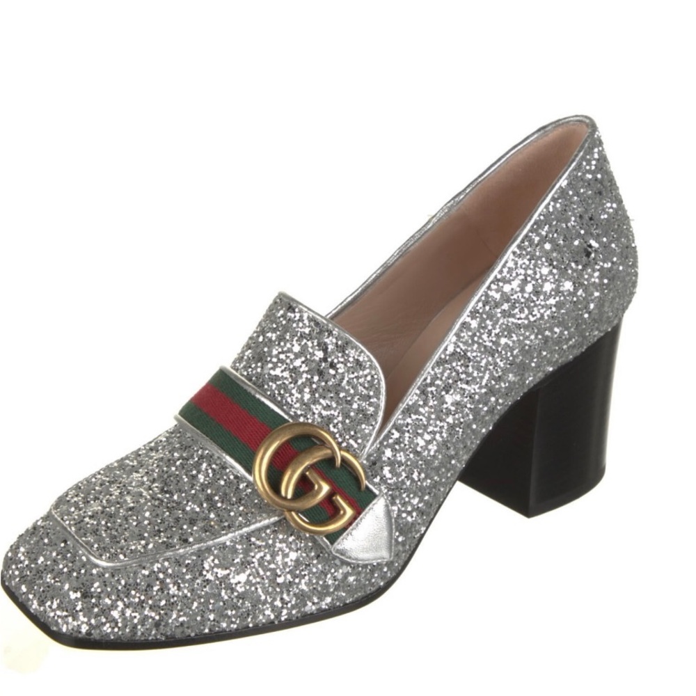 NIB Gucci silver sparkle shoes size 39. Dust bags included 9 loafers AUTHENTIC